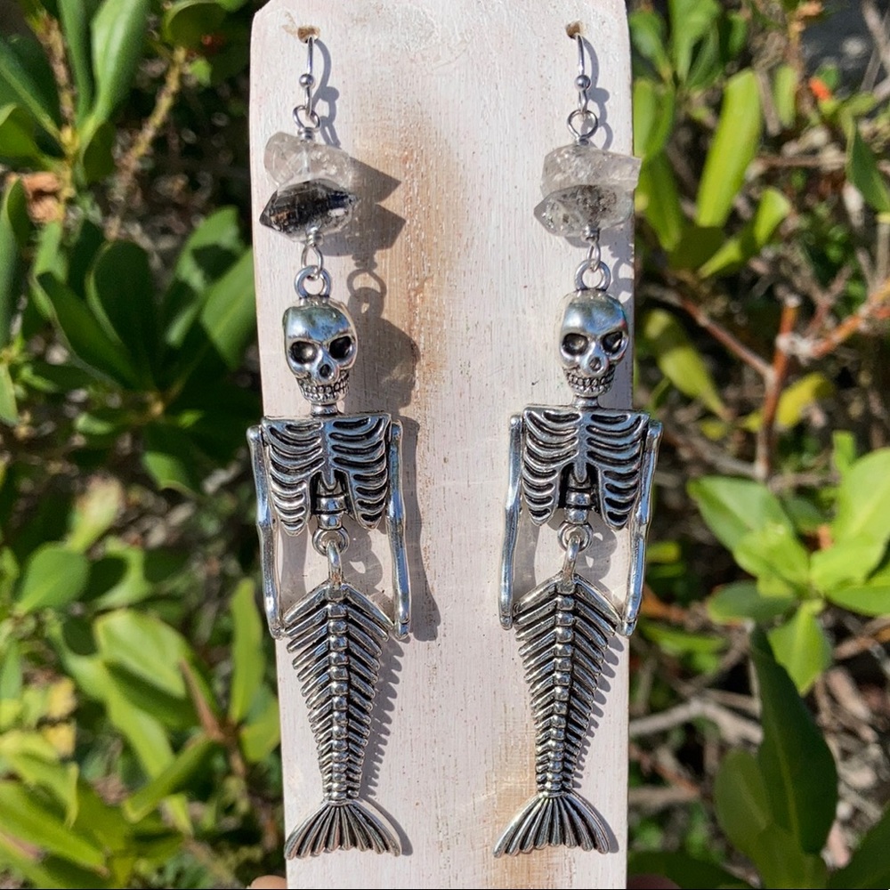 Herkimer diamond skeleton mermaid earrings